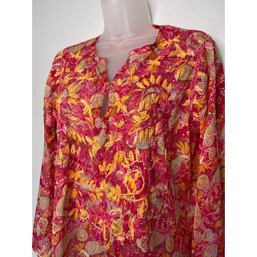 Raj Womens 100% Silk Long Sleeve Floral Tunic Cover-Up SZ L Boho Peasant - Picture 6 of 13